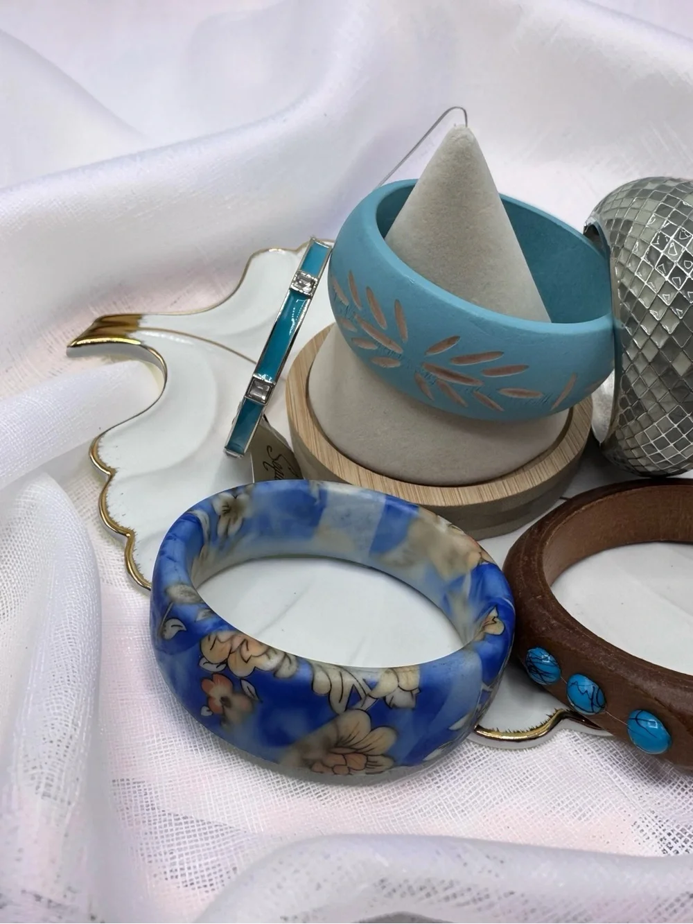 Boho Mixed Bangle Bracelet Lot Blue Wood Silver Floral Statement Bracelets 6 pcs